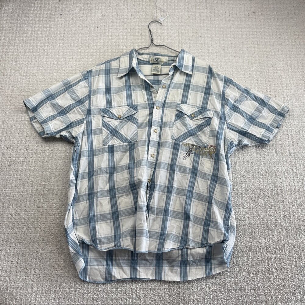 Y2K 725 Originals Plaid Pearl Snap Shirt Distressed Grunge Cyber Graphic Sz XL*